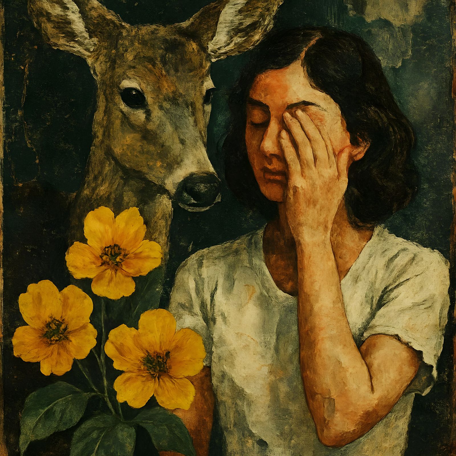 Maximalist Collage with Animal Head and Yellow Flowers