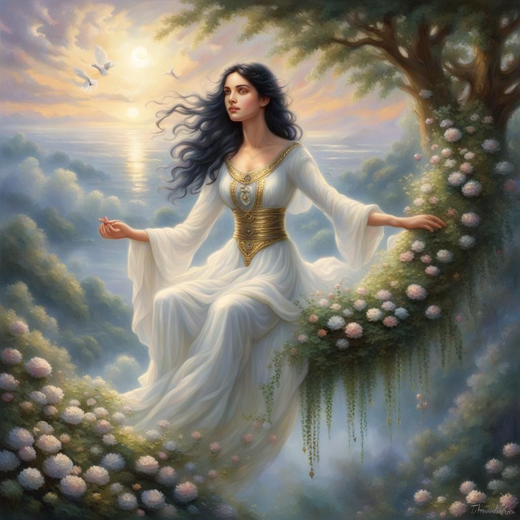 Ethereal Goddess with Flowing Hair in the Sky