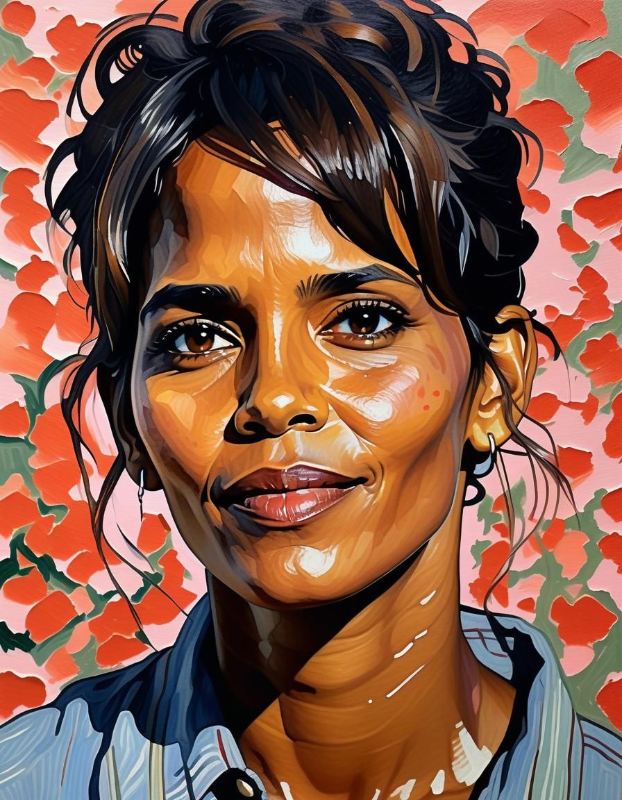 Halle Berry Portrait as Gouache Romantic Painting