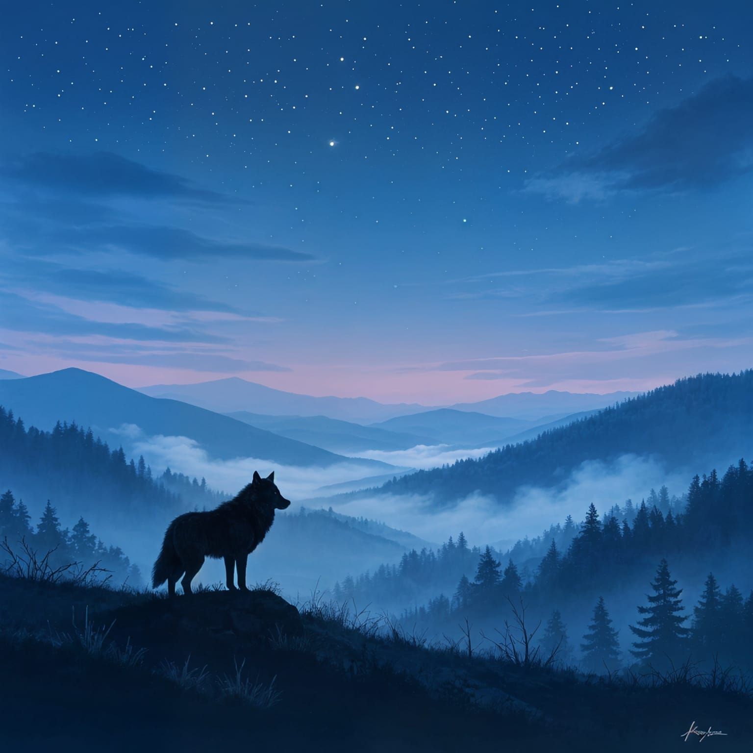 Lone Wolf Silhouette Under Starry Twilight Sky