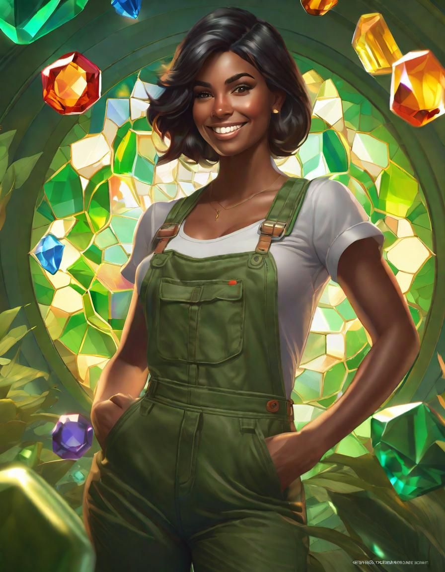 Woman in Overalls with Gemstones, Digital Portrait