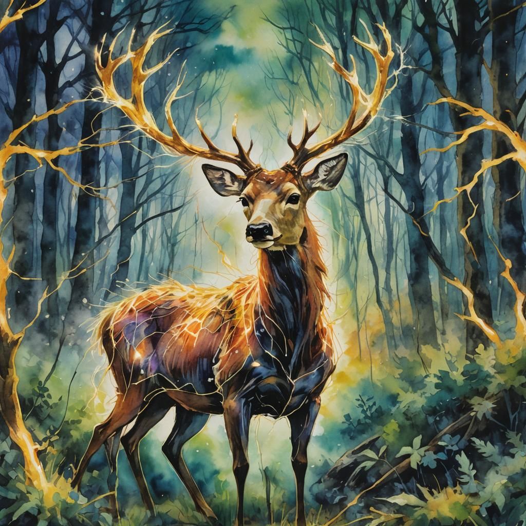Ethereal Lightning Deer in Expressionist Watercolor Style