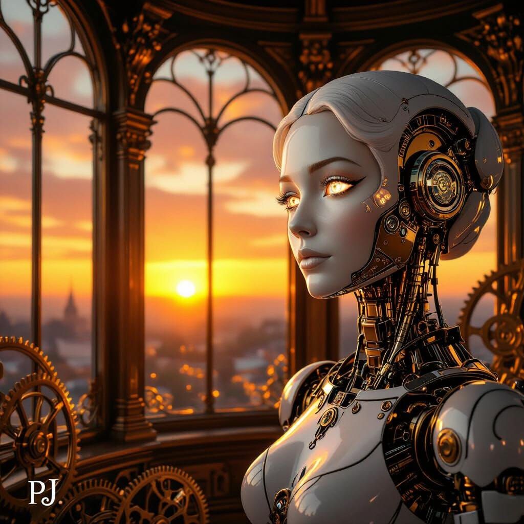 Mechanical Woman Gazes at Sunset in Steampunk Observatory