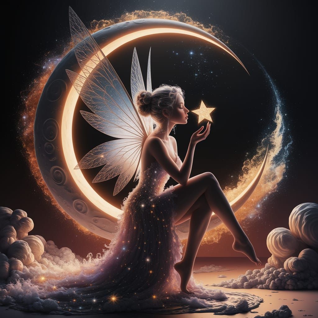 Celestial Moon Fairy Kissing a Star in Dreamscape Style