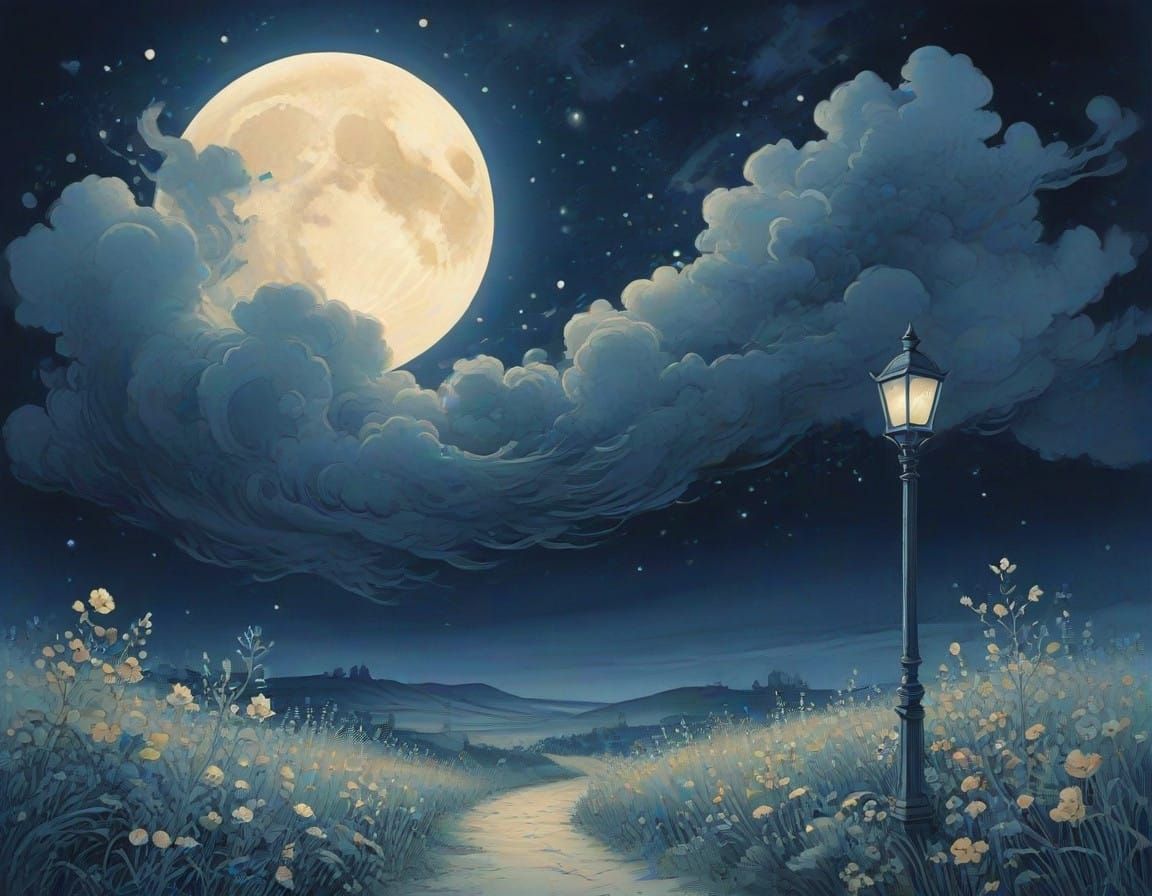 Whimsical Moonlit Scene with Lamppost in Watercolor Style