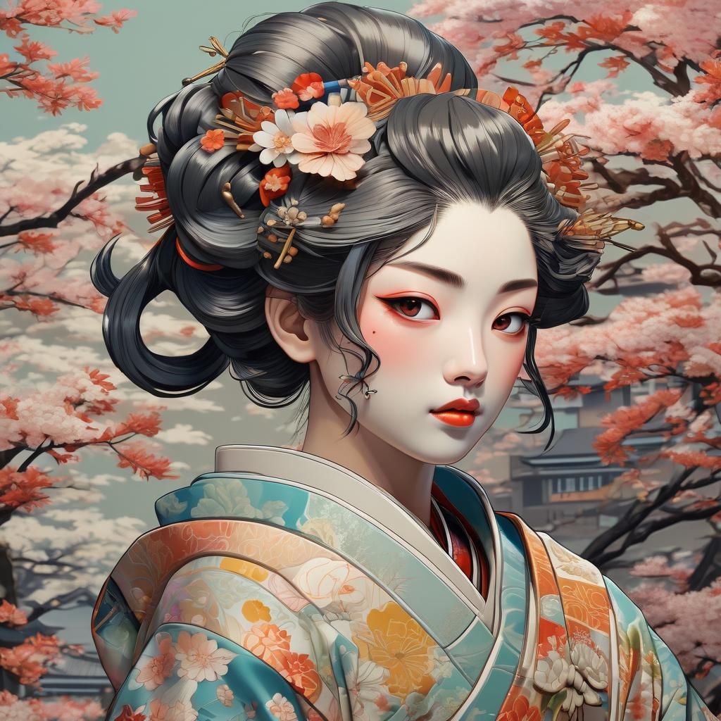 Geisha Portrait in Ukiyo-e Style 3D Anime Art