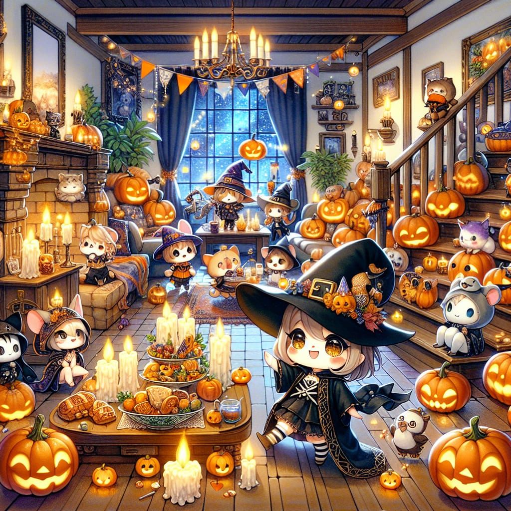 Halloween Party Scene with Chibi Characters in Airbrush Art