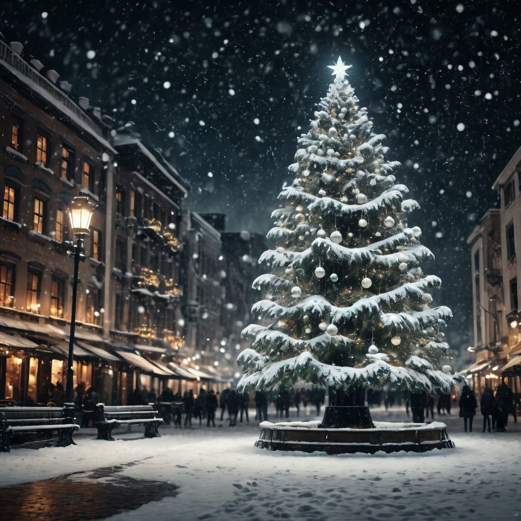 Magical White Christmas Scene in a Snowy City Square