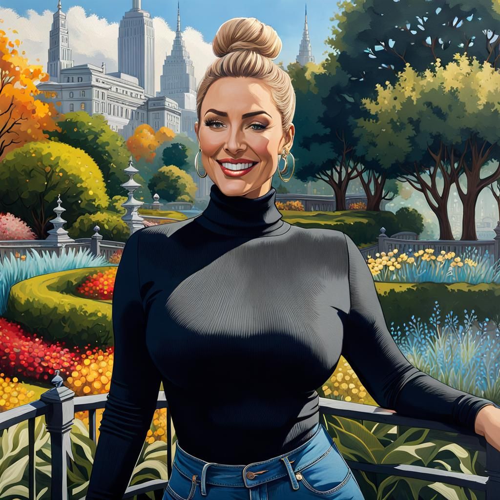 Curvy Woman in Mystic Garden with City Background