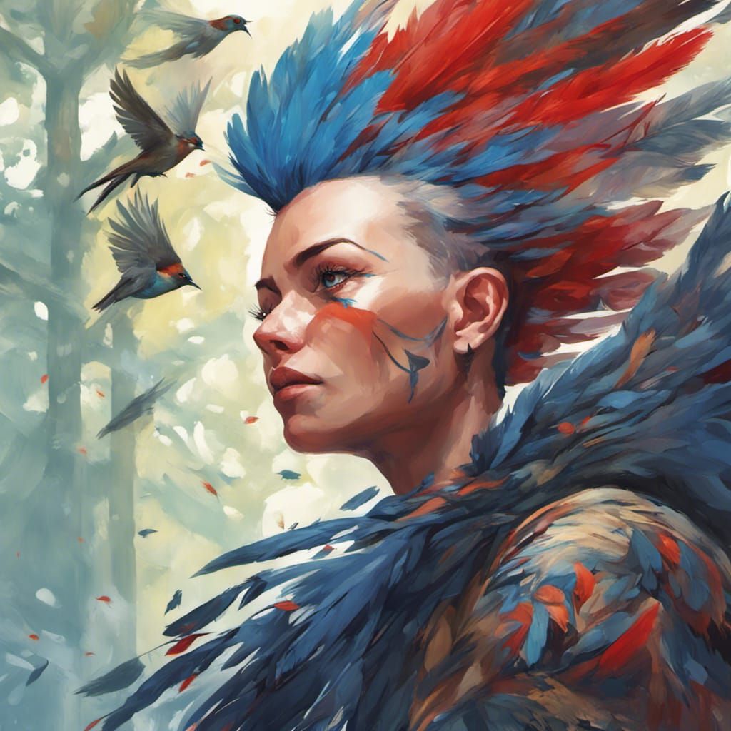 Vibrant Parrot Warrior in Amazon Jungle, Concept Art