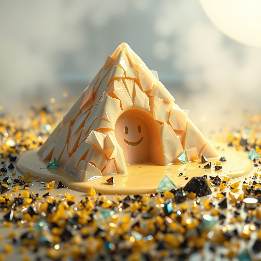 Melting Iridescent Pyramid Diorama with Smiling Face