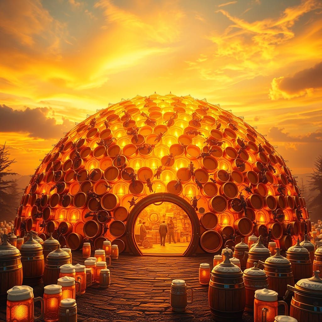Golden Bees Hive in Futuristic Landscape