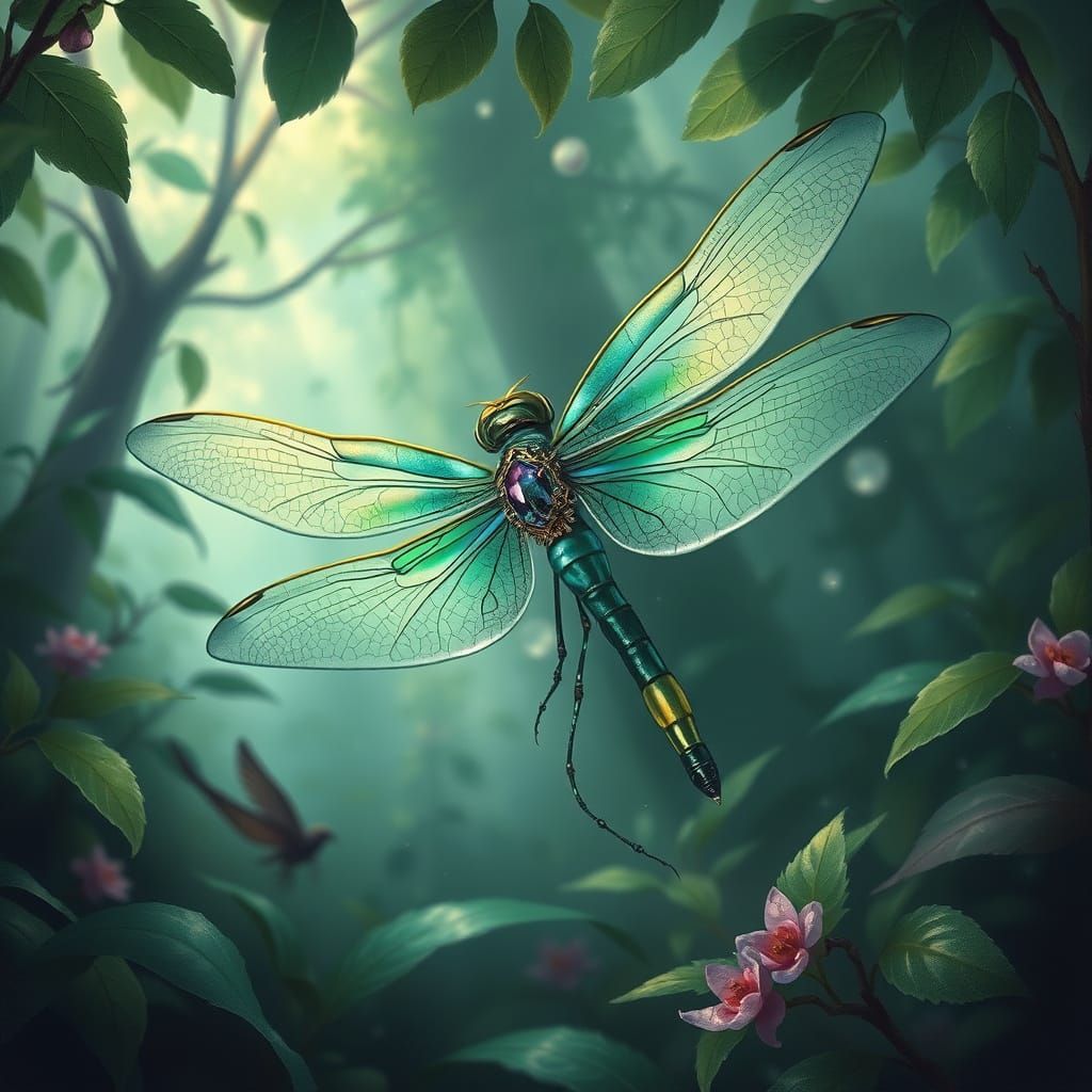 Iridescent Dragonfly in Whimsical Forest, in Style of James ...