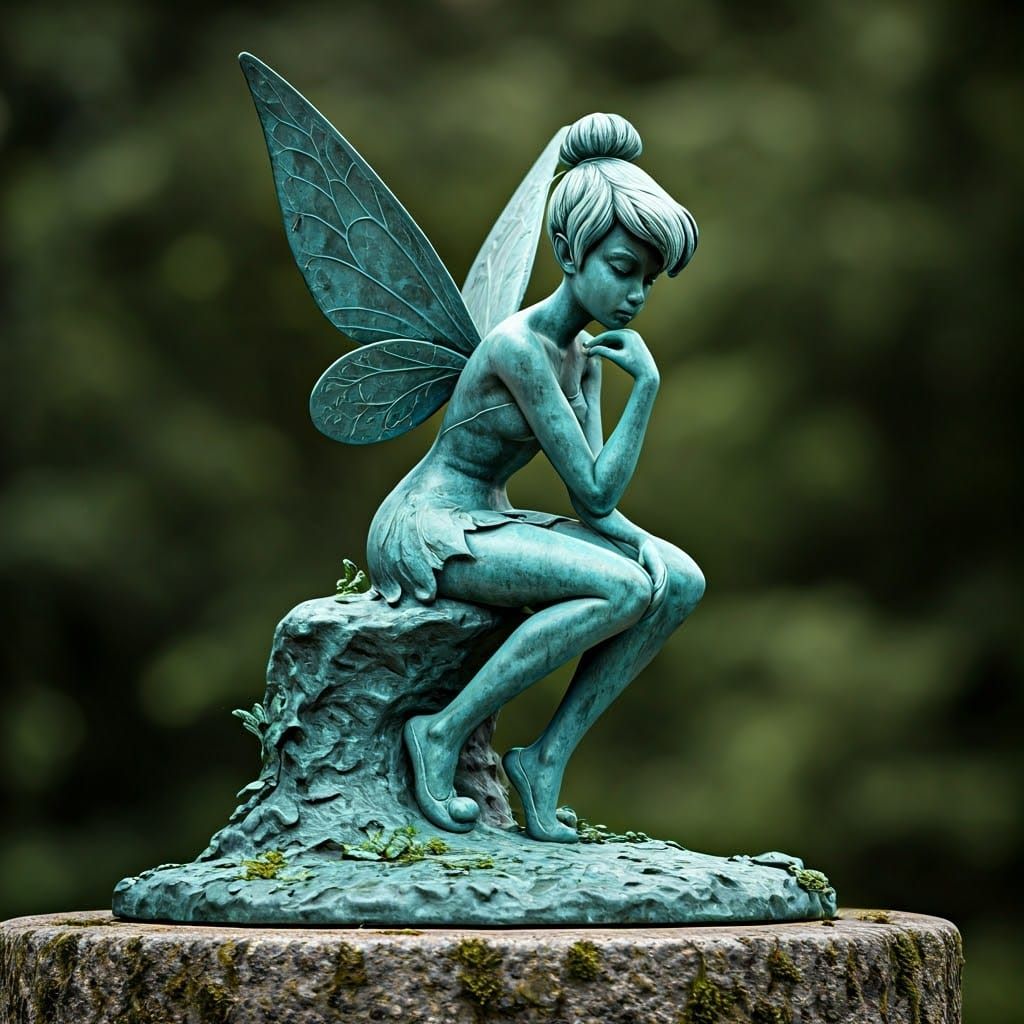 Verdigris Tinkerbell Sculpture as The Thinker