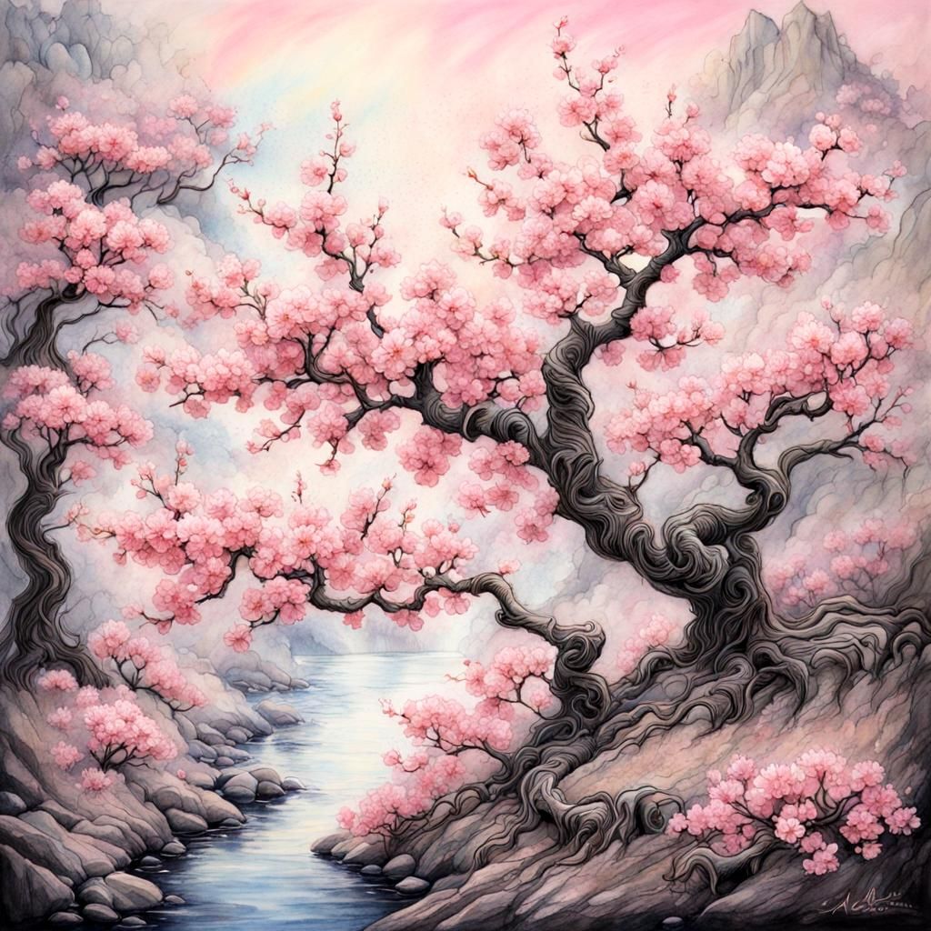 Pastel Pink Cherry Blossoms in Botanical Ink Style