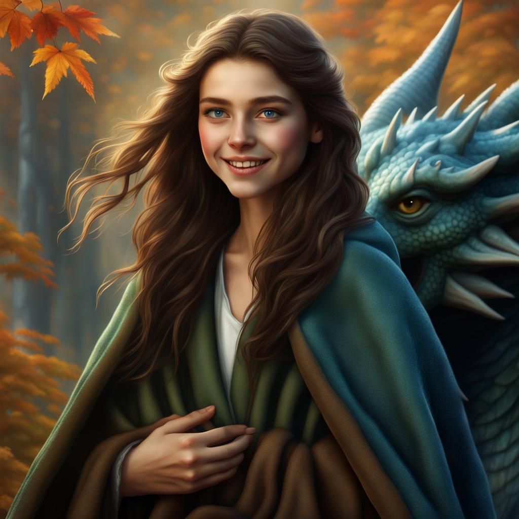 Girl Rides Dragon in Autumn Landscape: Digital Painting