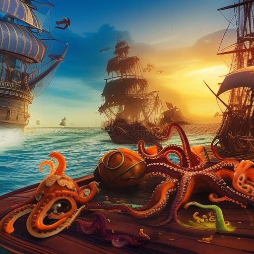 Octopus Attacks Pirate Ship in Epic Sunset Battle