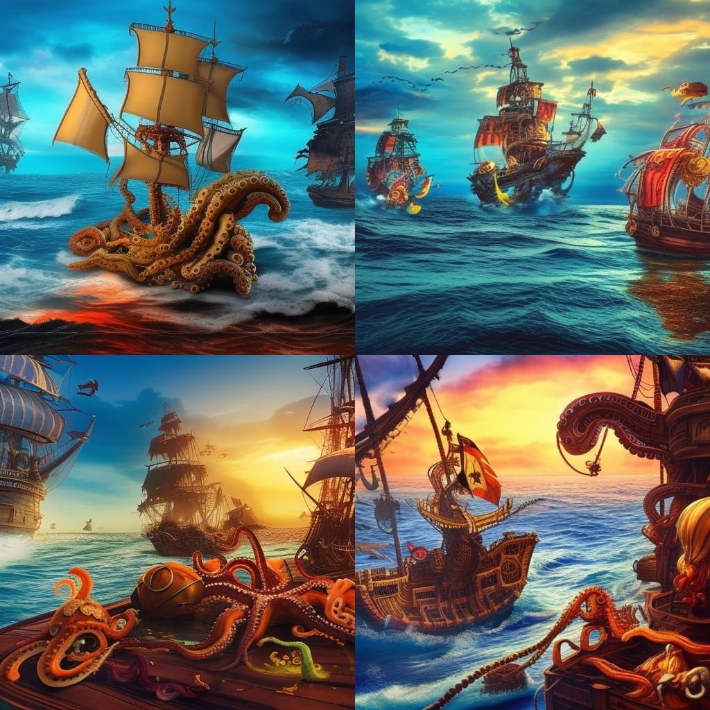 Octopus Attack on Pirate Ship: Epic Digital Painting