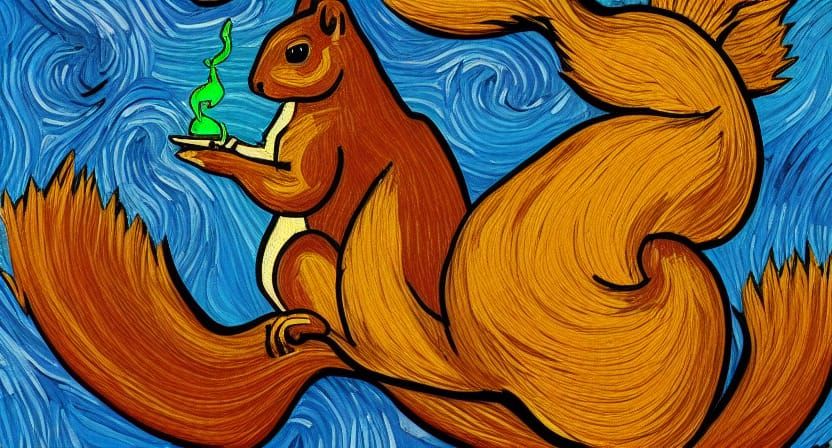 Psychedelic Squirrel Smokes in Living Room, Van Gogh Style