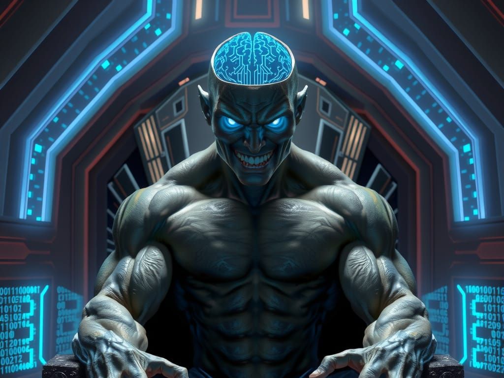 Cyberpunk Humanoid on Throne in Hyper-Realistic Style