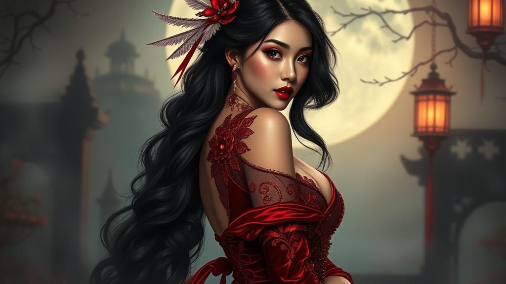 Seductive Asian Woman in Crimson Velvet, Dark Fantasy Art