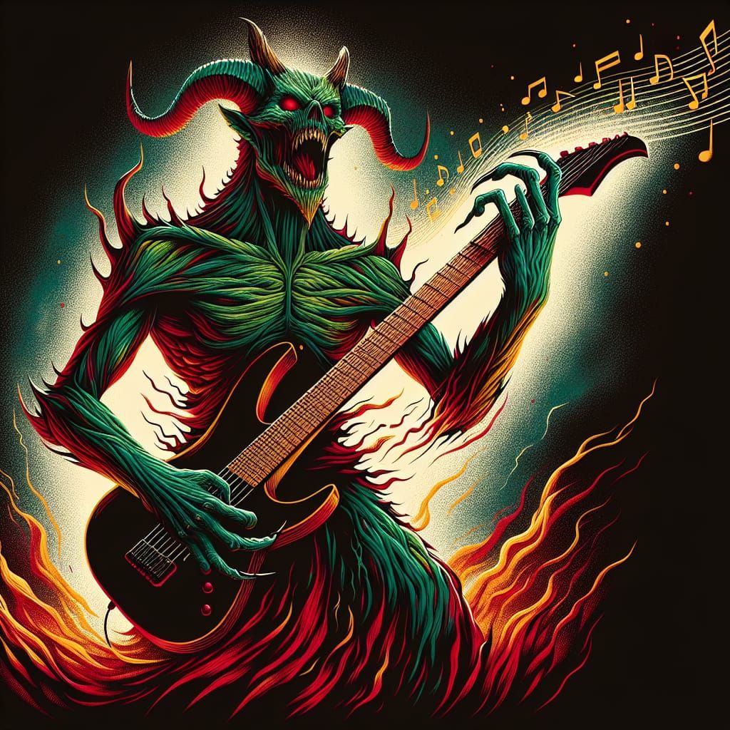 Fiery Demon Plays Guitar in the Darkness