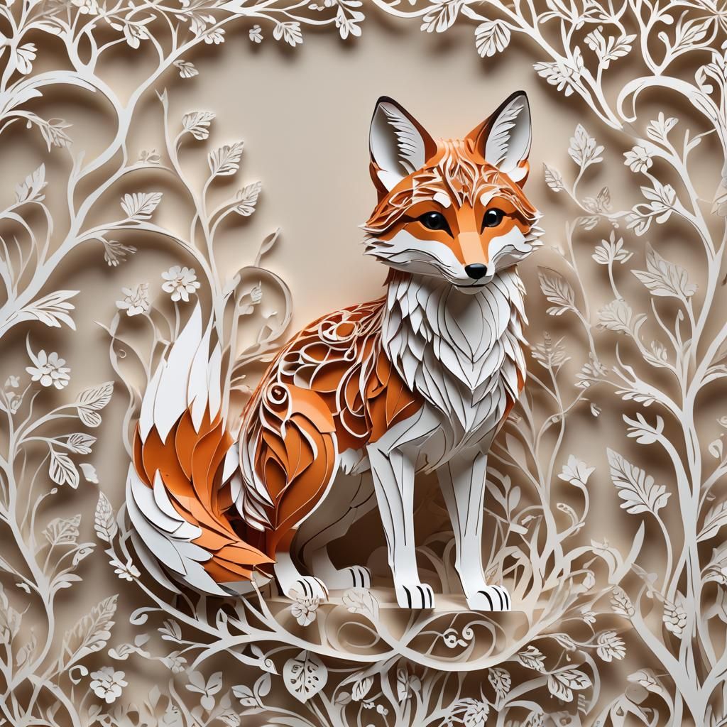 Detailed Kirigami Fox Model in Digital Art