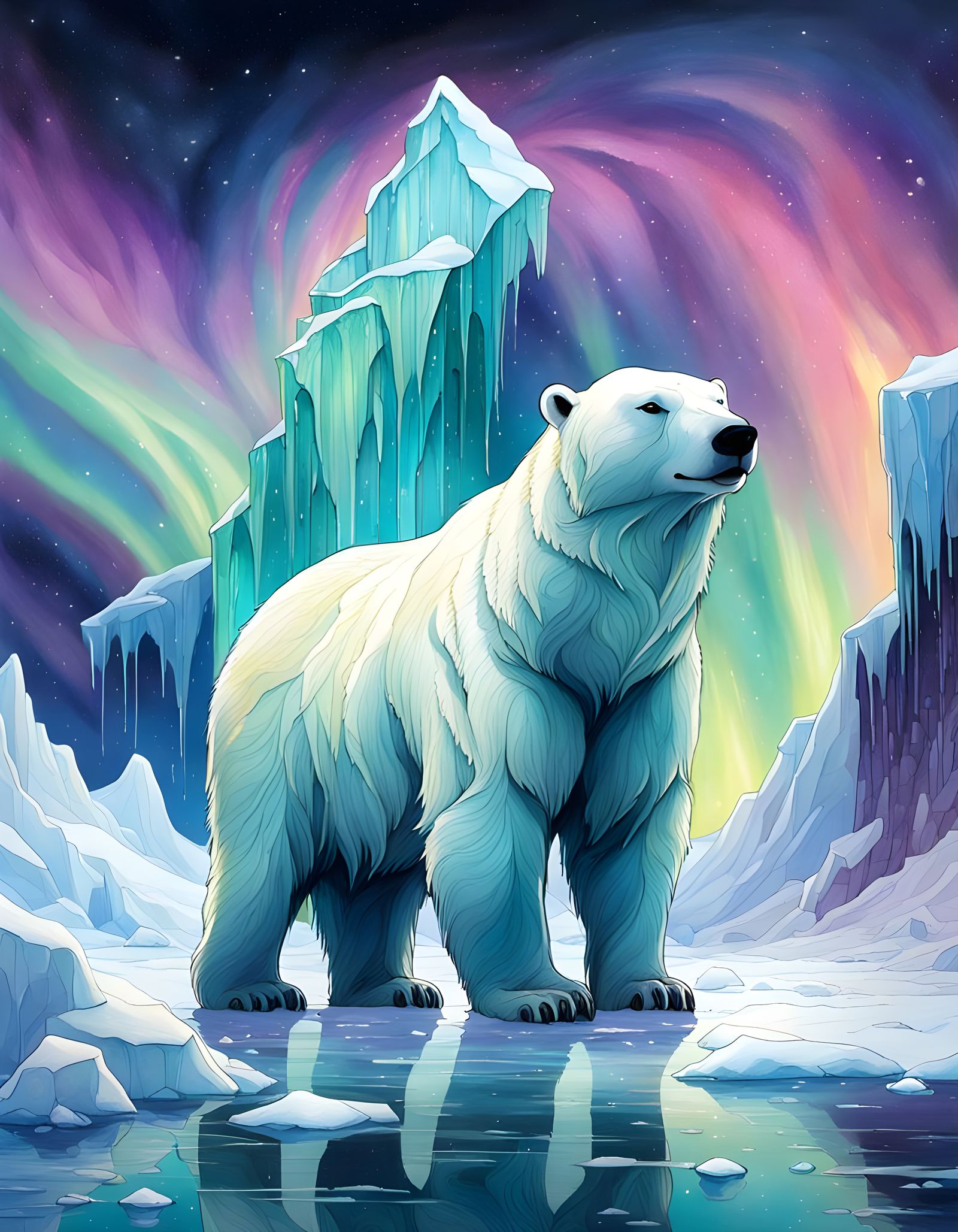 Vibrant Polar Bear amidst Aurora Borealis in Hyperrealistic...