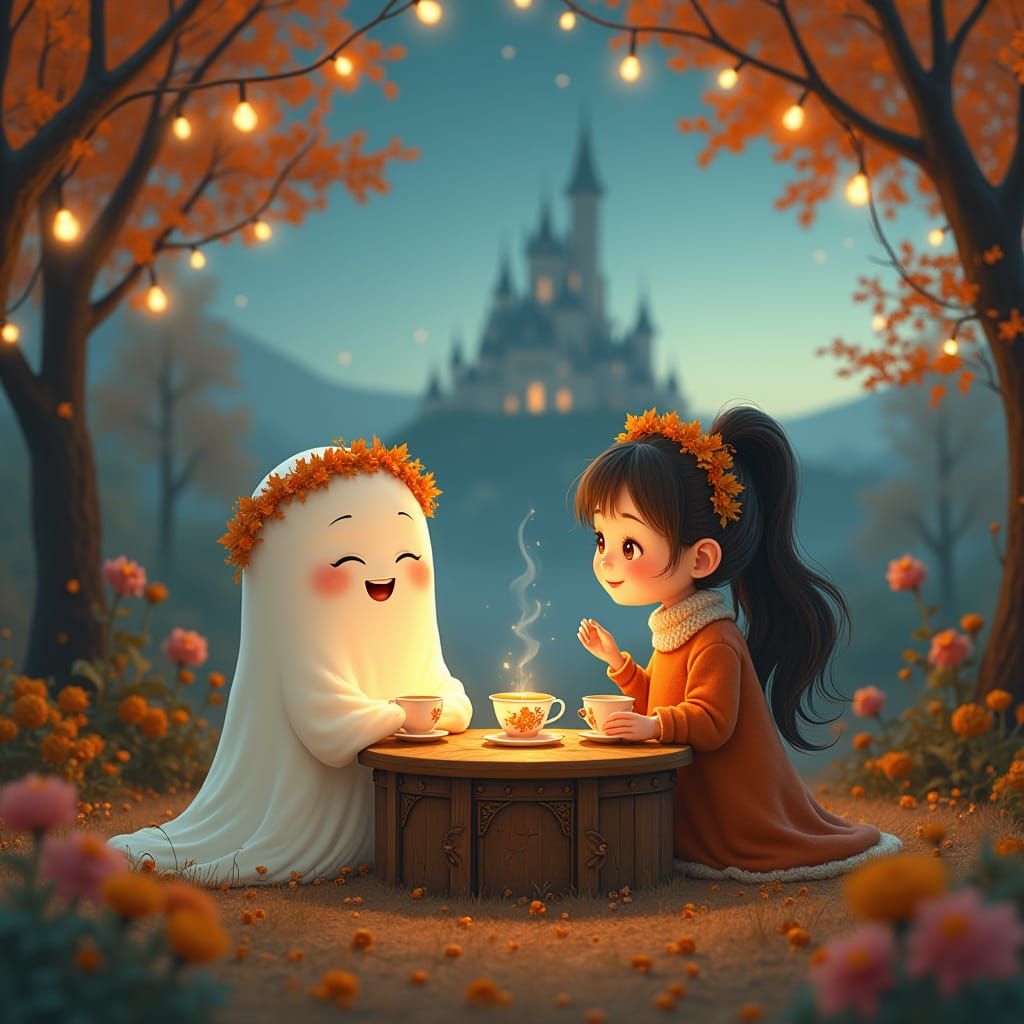 A 3D illustration of a cute, sweet ghost wearing a wreath of...
