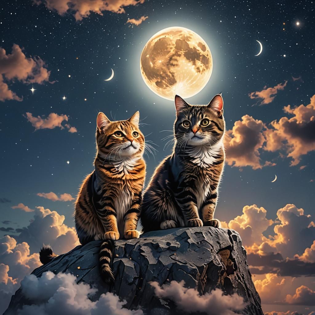 Cats Stargazing Under a Dramatic Night Sky