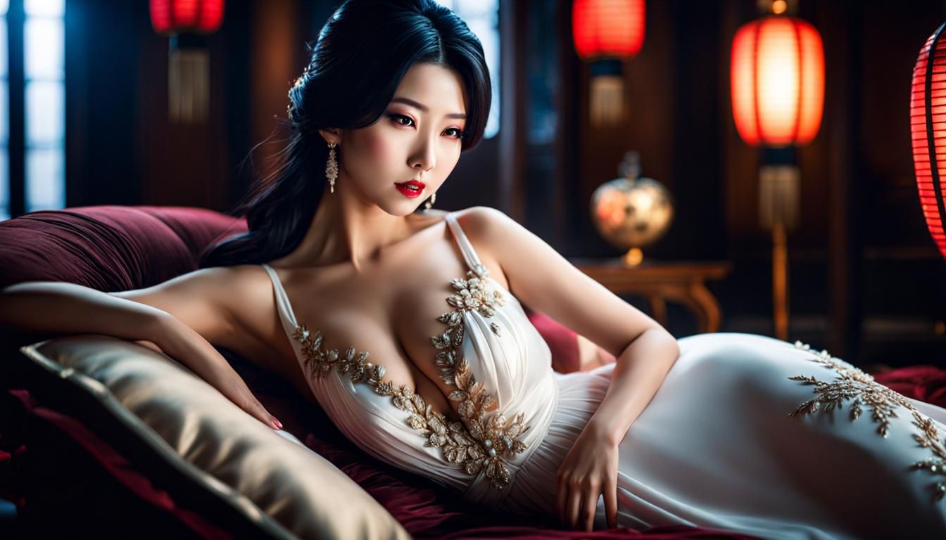 Japanese Woman in Silk Dress, Photorealistic Winter Portrait