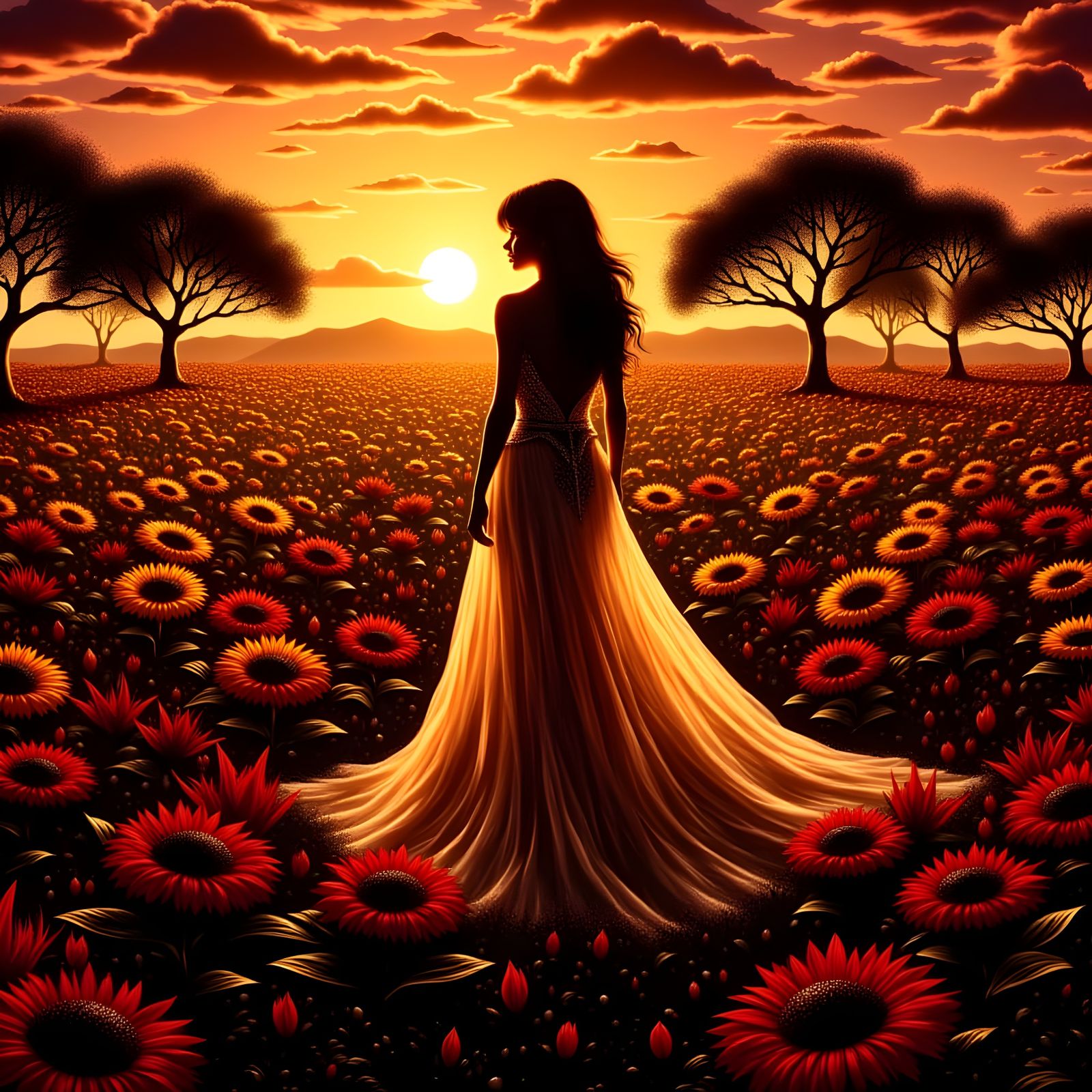 Backlit Sunflowers at Sunset in Black Paint