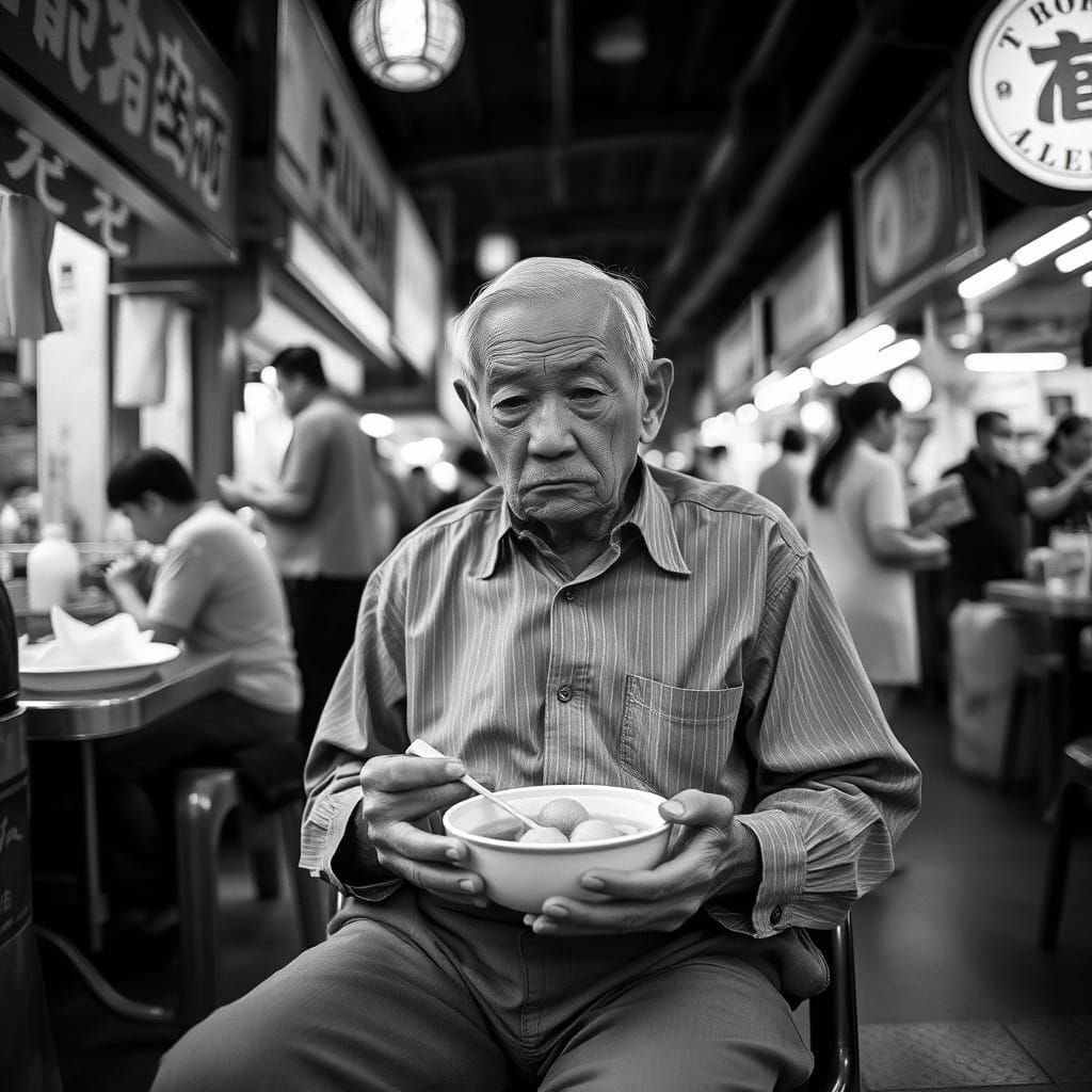 Lonely Man Eating Noodles in Crowded Market, Black and White