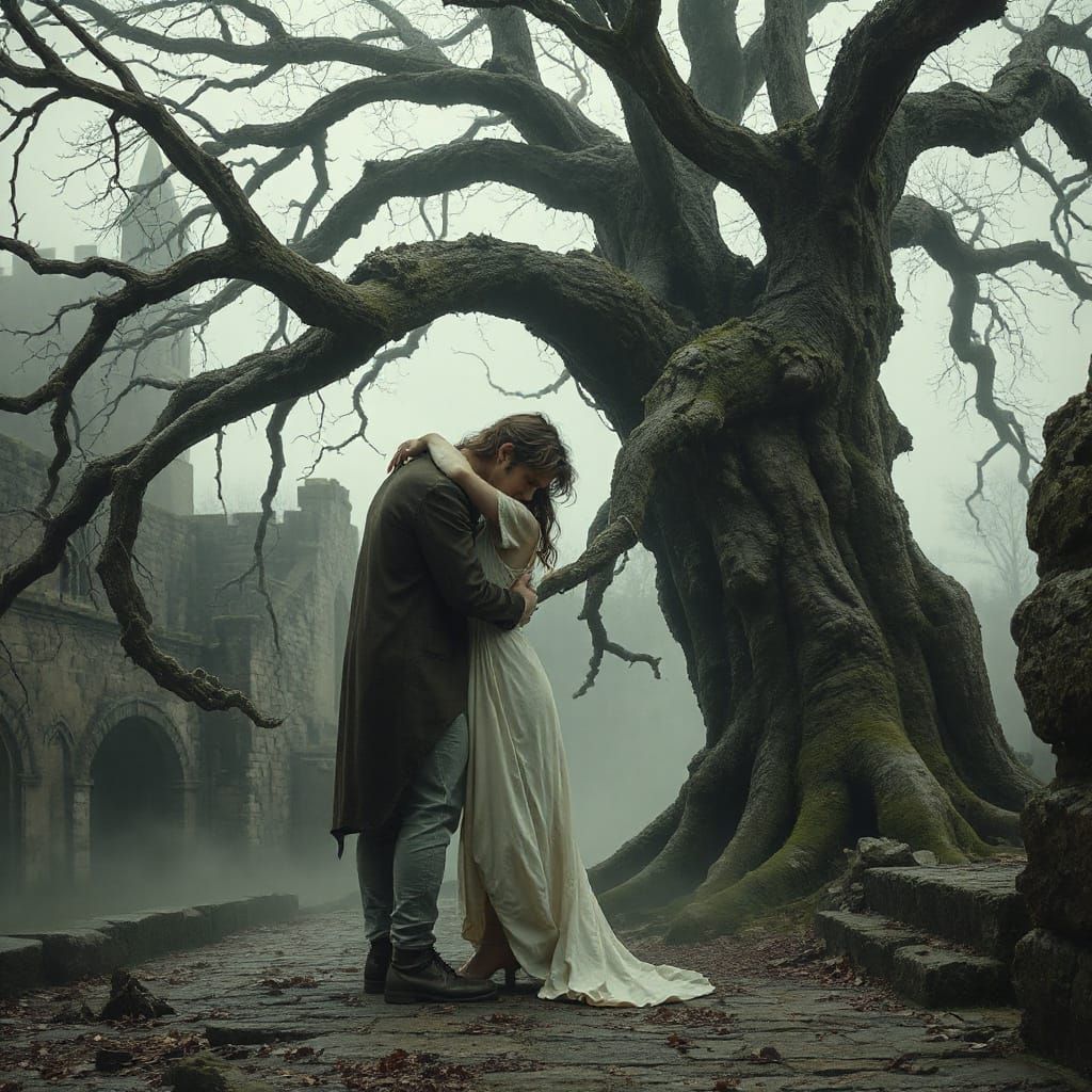 Monstrous Lovers' Embrace Under Ancient Oak