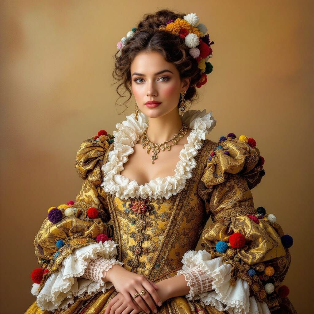 Baroque Portrait in Fuzzy Pom Poms, Impasto Style