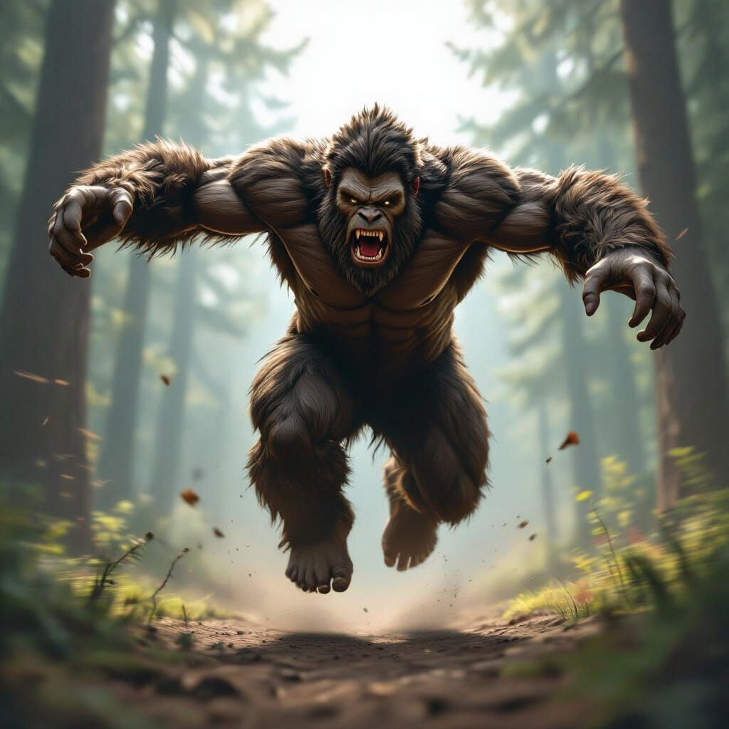 Hyper-Realistic Bigfoot Leaping Forward in Dramatic Forest S...