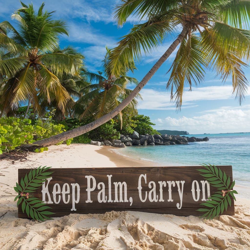 Tropical Beach with 'Keep Palm, Carry On' Sign