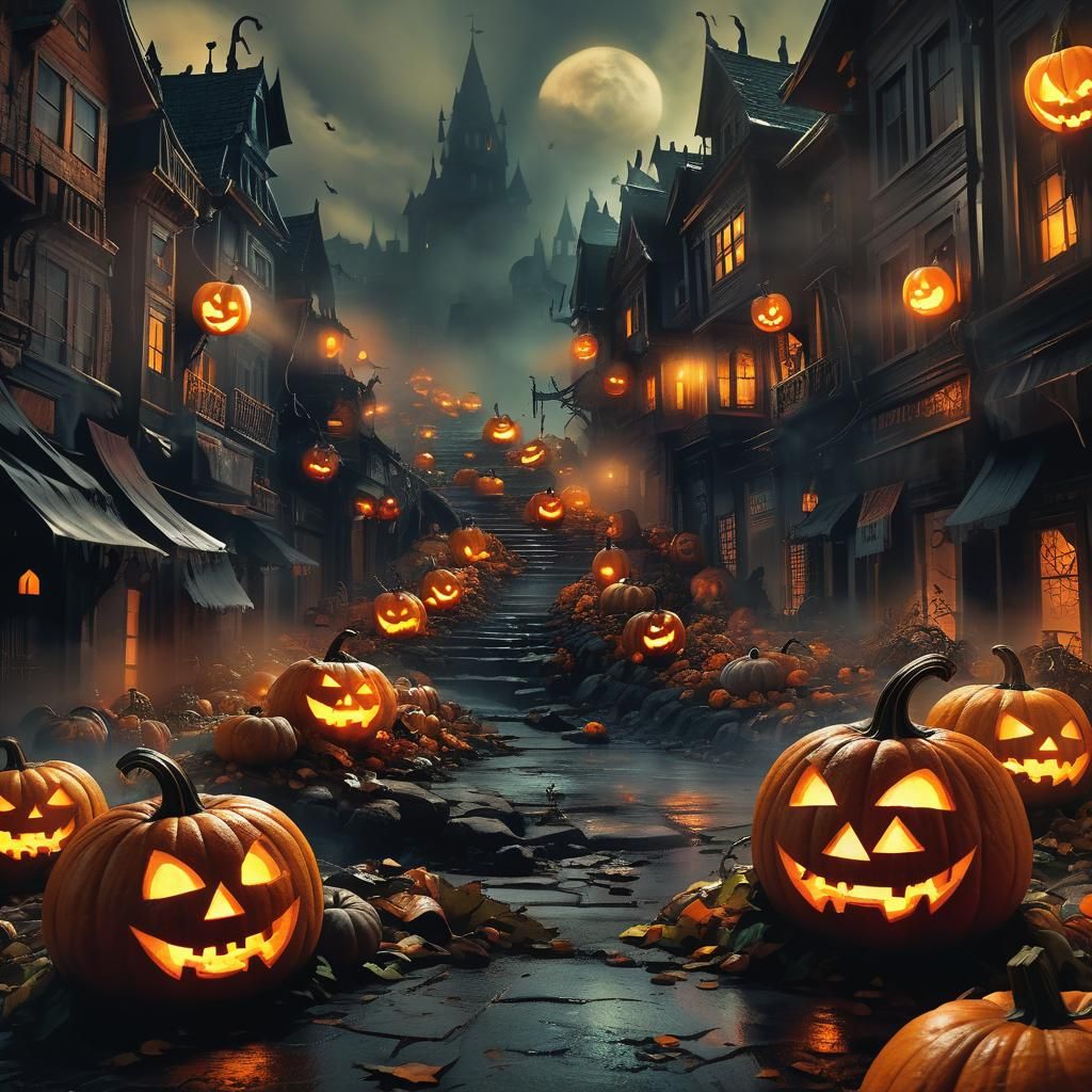 Eerie Pumpkins Wander Through Misty City at Night