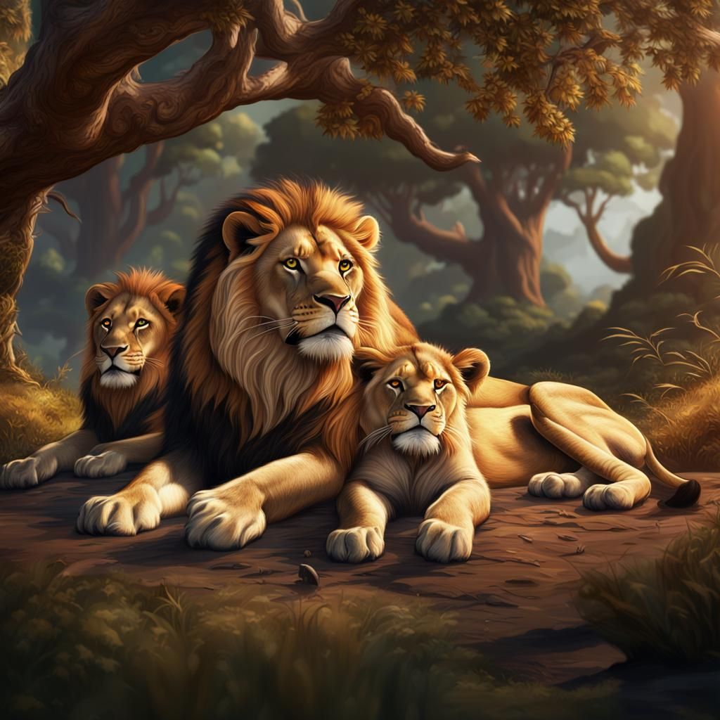 Lion Family Portrait in Detailed Matte Painting Style