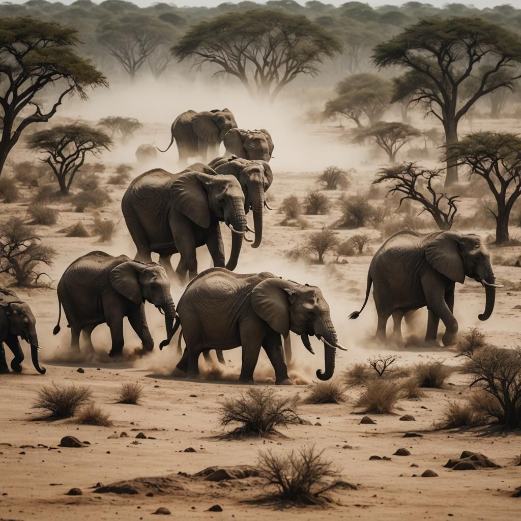 Elephants in Dusty Landscape, Photorealistic 8K