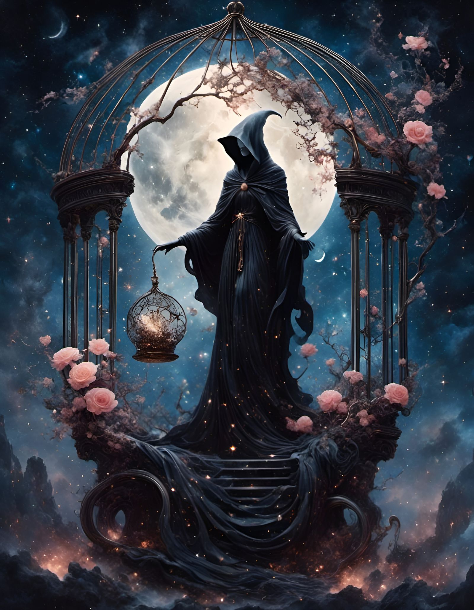 Ethereal Grim Reaper Sculpture with Nebula Sky