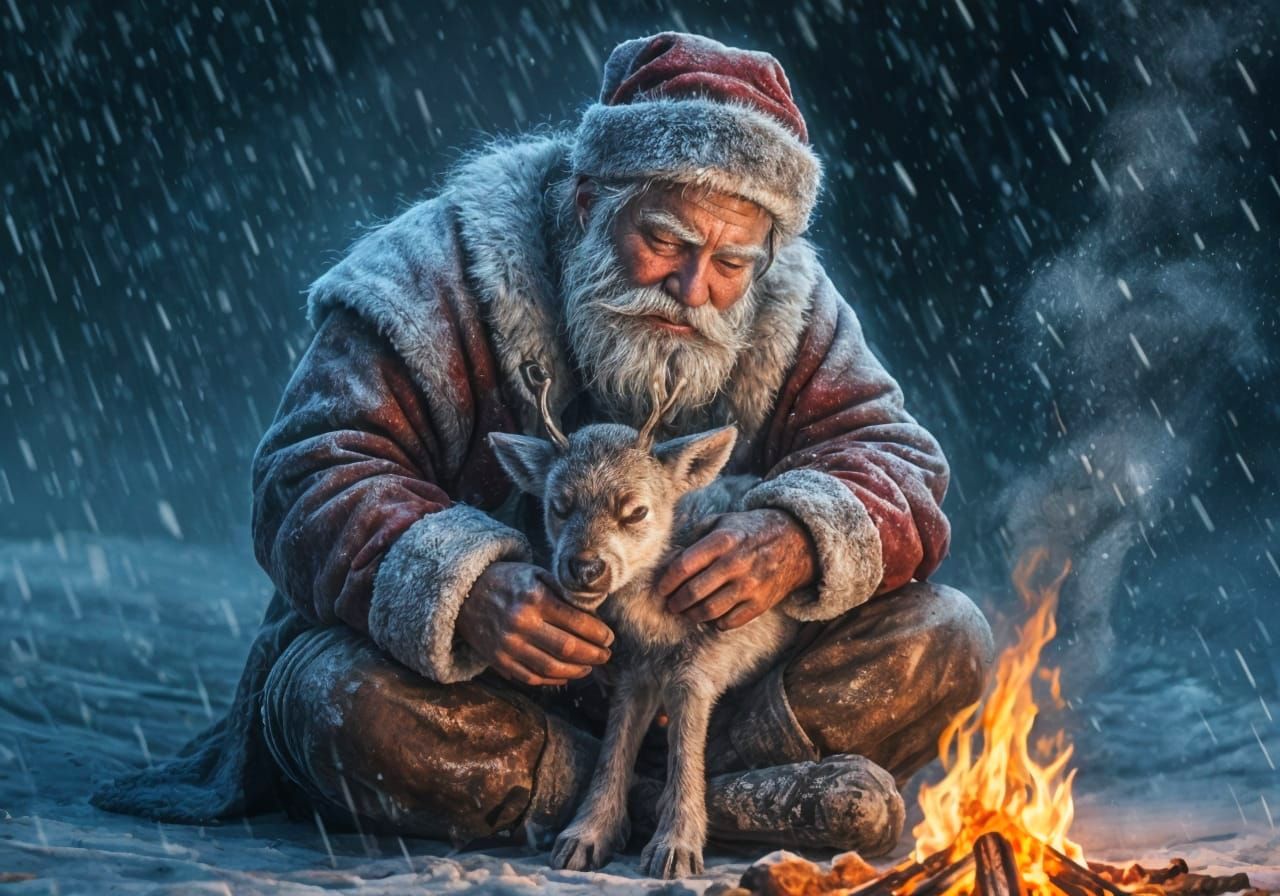 Santa Protects Reindeer in Winter Snowstorm Painting