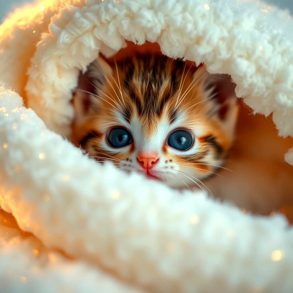 Cute Kitten Snuggled Under Fluffy Blanket