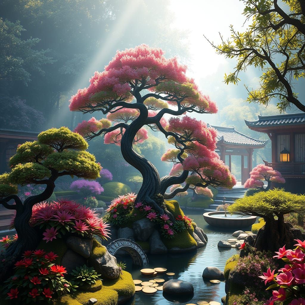 Majestic Bonsai Garden in Hyperdetailed Style
