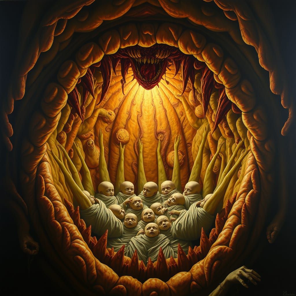Grotesque Mouth Holds Illuminated Babies in Dark Fantasy Art