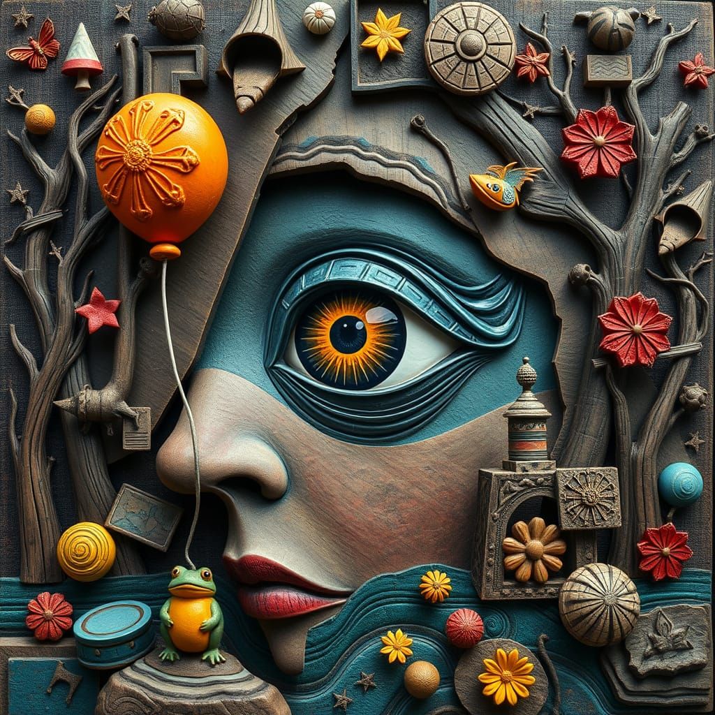 Surrealist Wood Sculpture with African and Cubist Influences