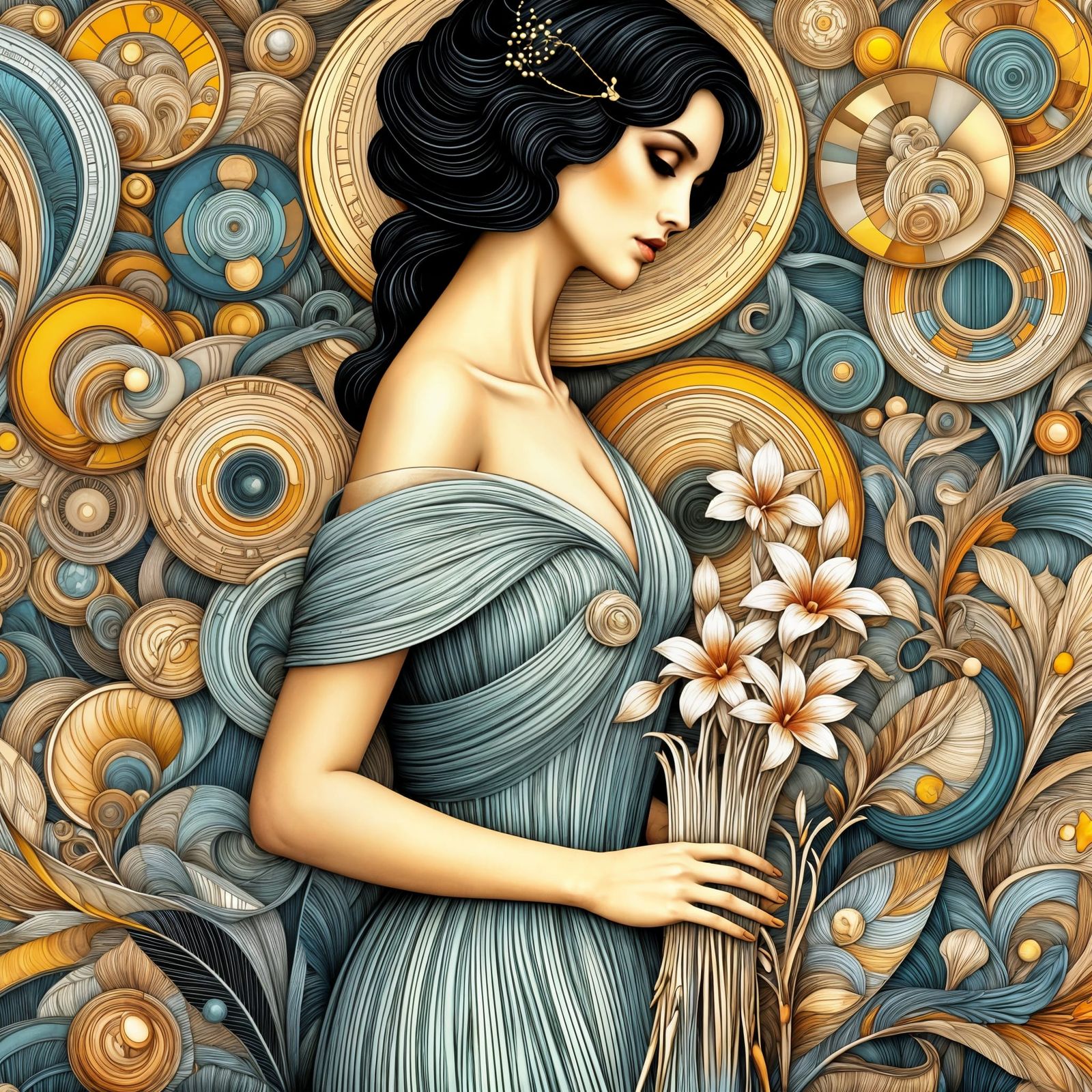 Art Nouveau Woman with Flowers and Abstract Geometric Backgr...