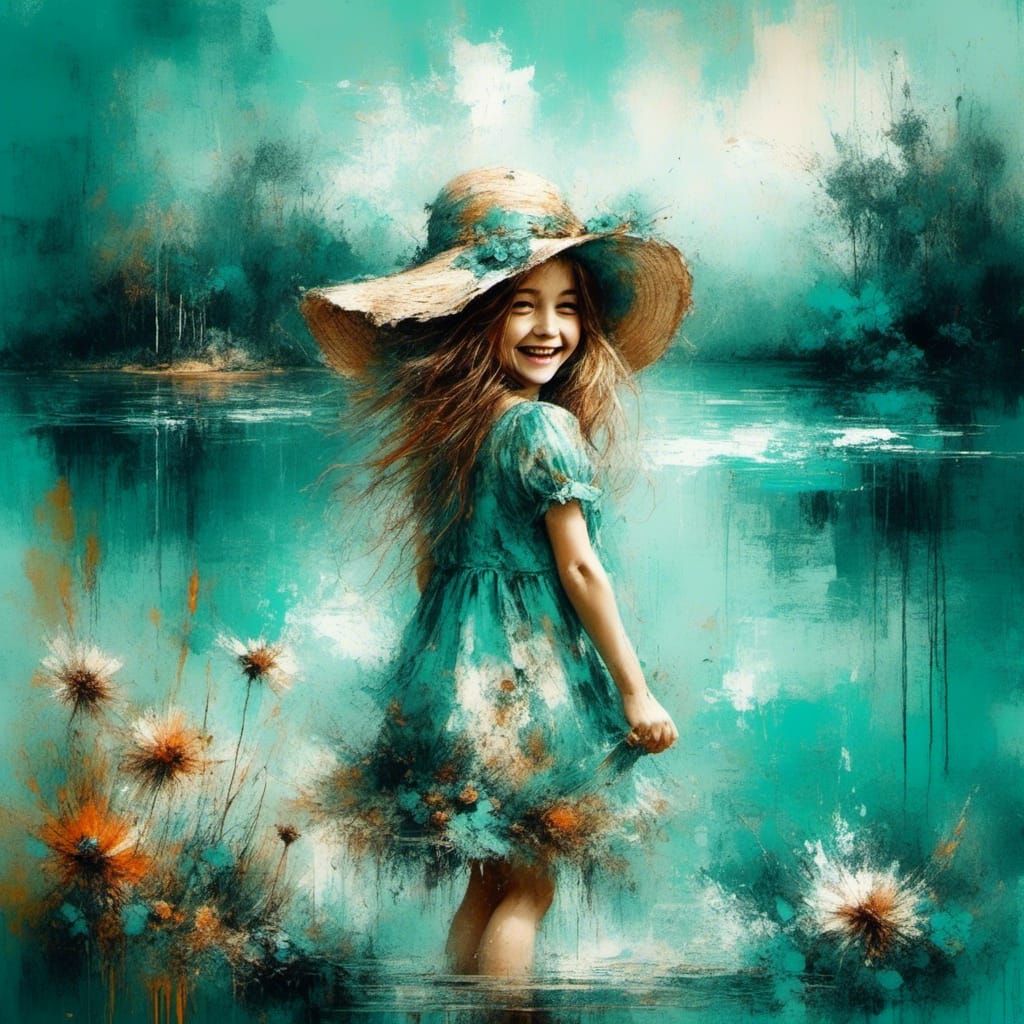 Joyful Girl at Lakeside in Vintage Style