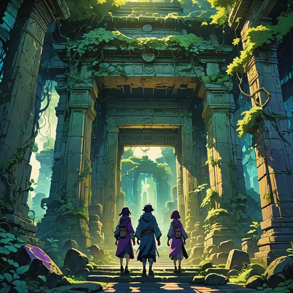 Anime Adventurers at an Ancient Temple Entrance