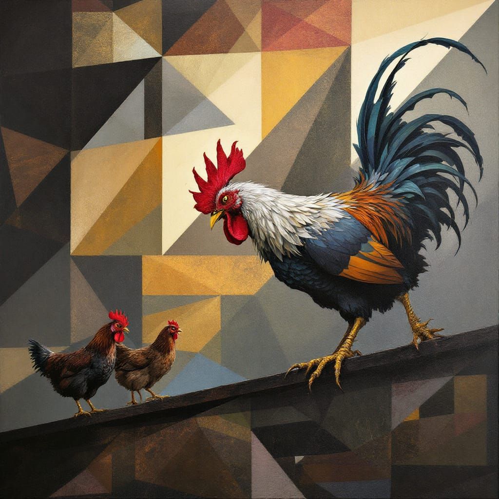 Geometric Rooster Stalks in Mystical Fae Shadows